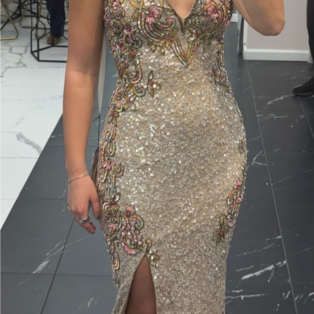 Primavera Couture Silver and Pink Sequin Gown - Picture 2 of 9